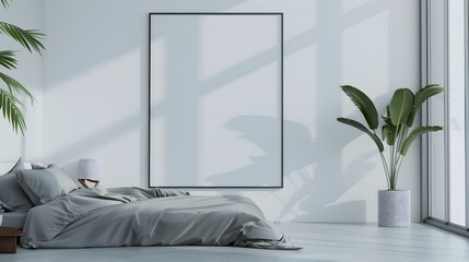 Minimalist Bedroom with Glass Accents and a Sleek 3D Rendering Frame Mockup