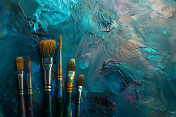 Painter's Brushes scattered on a table with surrounding copy-space, representing the essential instruments of a creative painter, capturing the varied shapes