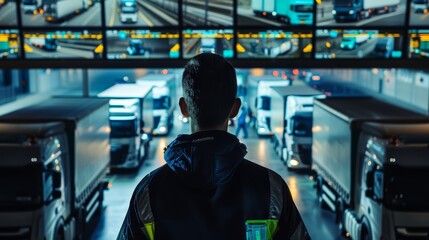 A dispatcher monitoring a fleet of delivery trucks via a digital tracking system