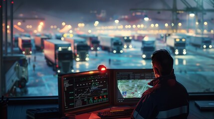 A dispatcher monitoring a fleet of delivery trucks via a digital tracking system