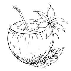 Linear black and white pencil illustration of a coconut with a straw decorated with a flower, tropical leaf