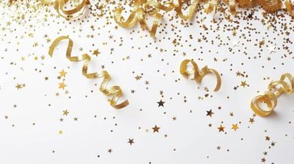 Golden star-shaped confetti and curling ribbons scattered on a white background creating a sparkling and festive scene perfect for celebrations, parties, and holiday themes.