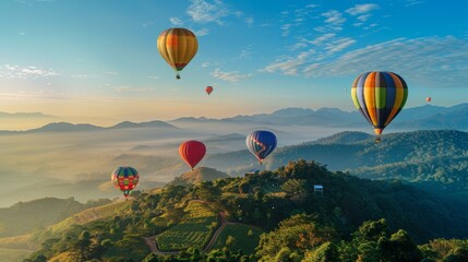 Fototapeta premium Colorful hot air balloons flying over the mountains at Dot Inthanon in Chiang Mai Province, Thailand.