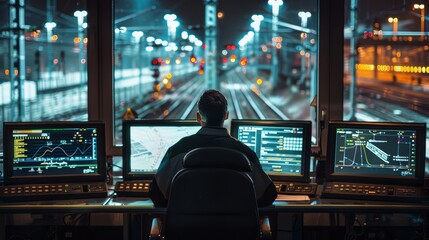 A dispatcher overseeing the movement of trains on a rail network from a central command station
