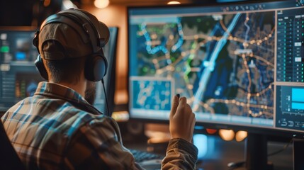A dispatcher reviewing a digital map with routes highlighted for delivery drivers