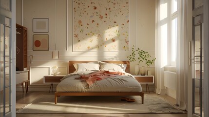 Obraz premium Minimalist Bedroom with Vibrant Patterned Decor,3D Mockup Interior Design