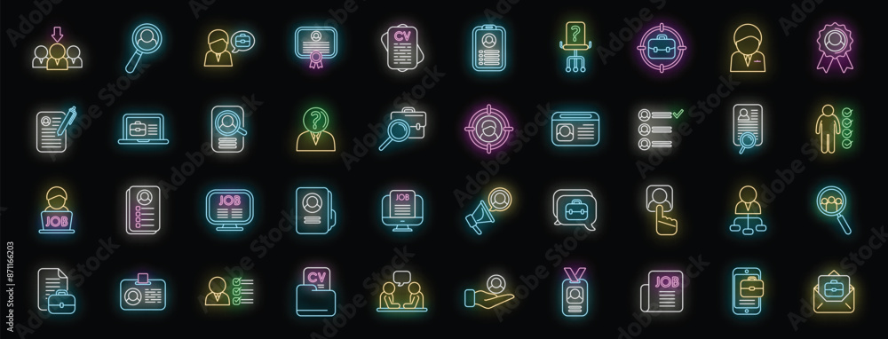 Wall mural vacancy icons set outline vector. job cv. hiring portfolio neon color on black