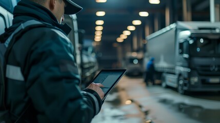A dispatcher using a tablet to track the location of vehicles in a logistics fleet
