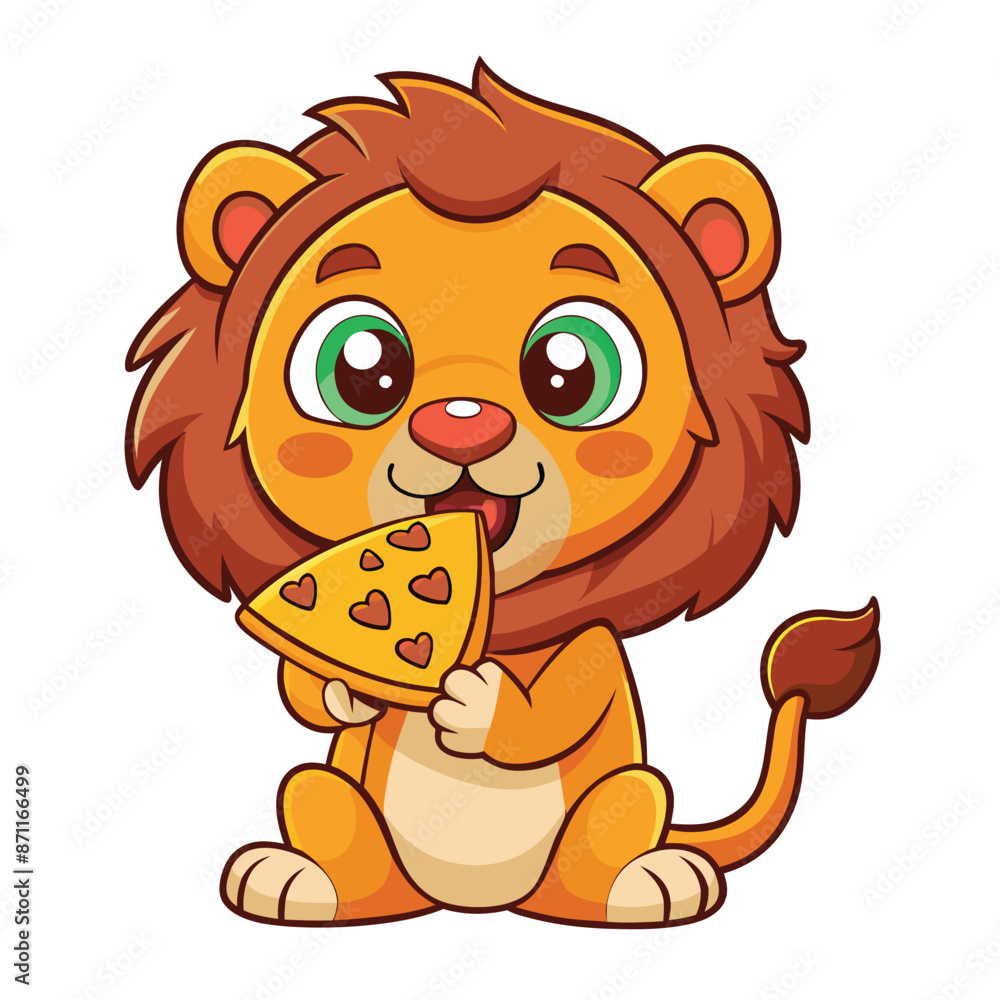 Poster Charming Lion Feasting on Pizza: Vector Illustration