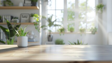 Copy space for displaying your products on a table with a blurred white home office in the background. 3D rendering. 3D illustration.