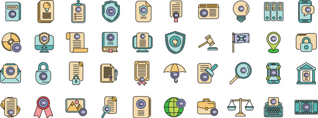 Copyright law icons set outline vector. Author contract. Property patent thin line color flat on white