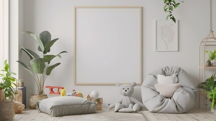 Minimalist Children s Room with Blank Frame and Comfortable Furnishings Home Mockup 3D Render