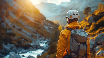 Naklejka premium A hiker in a yellow jacket and safety helmet stands on a rocky mountain path, illuminated by early sunlight, inviting a sense of adventure, determination, and the embracing of nature.