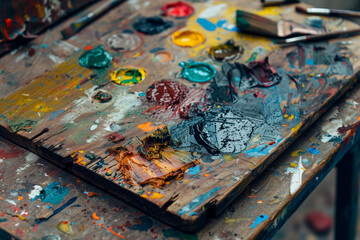 Oil Painter's Palette showcasing a vibrant array of mixed oil colors on a wooden surface, with ample copy-space, used by a creative painter