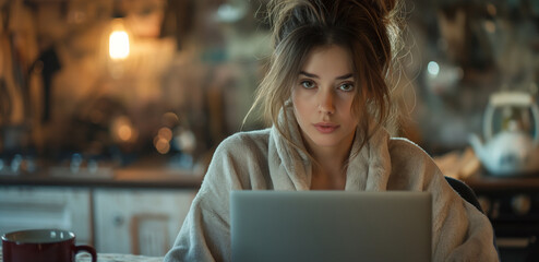 Fototapeta premium A young woman with messy hair focuses intently on her laptop while wearing a cozy robe, seated in a warmly lit kitchen with modern appliances and a relaxed ambiance.