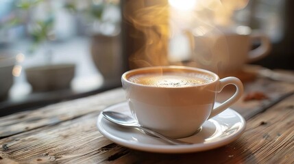 A cozy image of a steaming hot cup of coffee on a rustic wooden table, capturing the warmth and comfort associated with enjoying a fresh brew in a relaxed setting.