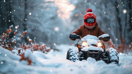 A person wearing a red helmet riding an all-terrain vehicle on a snow-covered trail in a forest, with snow falling around them, capturing a winter adventure scene.
