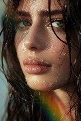 Editorial Woman. Closeup Macro Portrait of Fashion Model with Wet Hair in Rainbow Colors