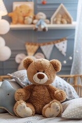 A cute brown teddy bear toy sitting in the children's room, with a sweet and warm look. Brown teddy bear surrounded by children's furniture.