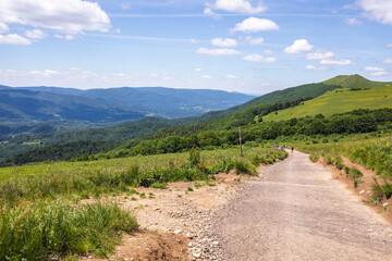 View of the Bieszczady Mountains from Połonina Wetlińska. Summer in the Bieszczady mountains. Polish Mountains.