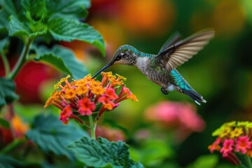 Obraz premium Hummingbird Flowers. Ruby-throated Hummingbird Feeding on Nectar from Lantana Flowers in Garden