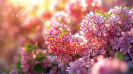 Obraz premium Pink and lilac flowers bloom brightly against the golden hues of the sunset.