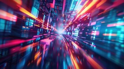 Obraz premium Abstract geometric shapes in neon hues illuminate a futuristic tunnel, capturing the essence of a dynamic, urban environment.