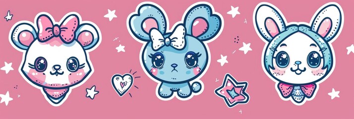 Obraz premium Kawaii Bear. Emo Girl and Teddy Bear Sticker Set. Y2K 90s Aesthetic Collection