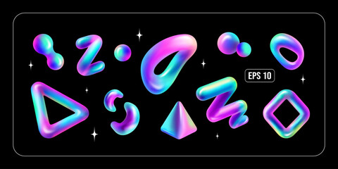 Set of 3D holographic fluid shapes. Isolated vector illustrations.