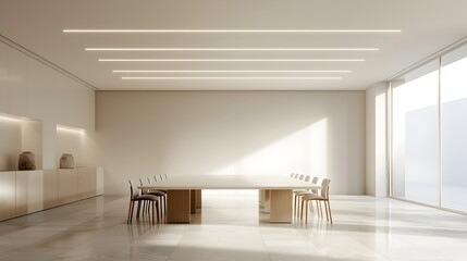 Obraz premium Minimalist Conference Room with Clean Lines and Simple Furniture,Home Mockup 3D Render