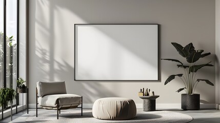 Minimalist Contemporary Living Room with Empty Frame on Clean Wall   3D Render Home Mockup