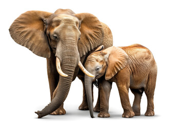 Fototapeta premium An adult elephant and a baby elephant standing close together on a white background, captured in a studio setting to emphasize their detailed textures and the bond shared.