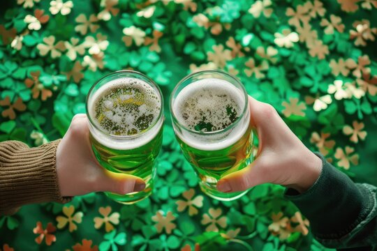 St Patricks Day Beer. Friends Toasting with Glasses of Beer on Green Table