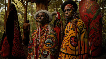 Naklejka premium two men in colorful costumes stand in a forest with trees