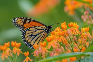 Obraz premium Butterfly Pollen. Monarch Butterfly on Orange Butterfly Weed Feeding in Wildflower Garden