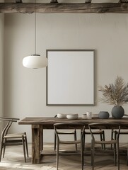 Minimalist Dining Area with Long Table and Pendant Light - Clean 3D Rendering Interior Mockup