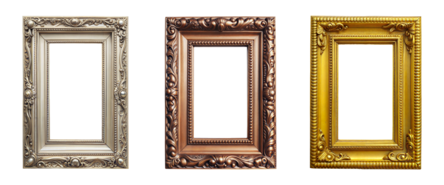 Set of three elegant empty photo frames in gold, bronze and silver - isolated transparent png