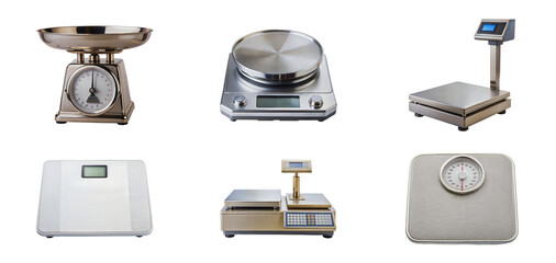 A diverse collection of six different scales including vintage and modern designs - isolated transparent png