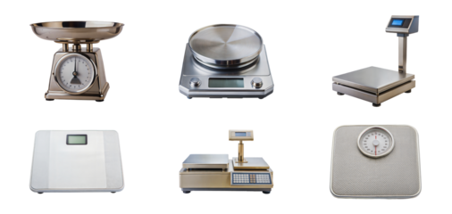 A diverse collection of six different scales including vintage and modern designs - isolated transparent png