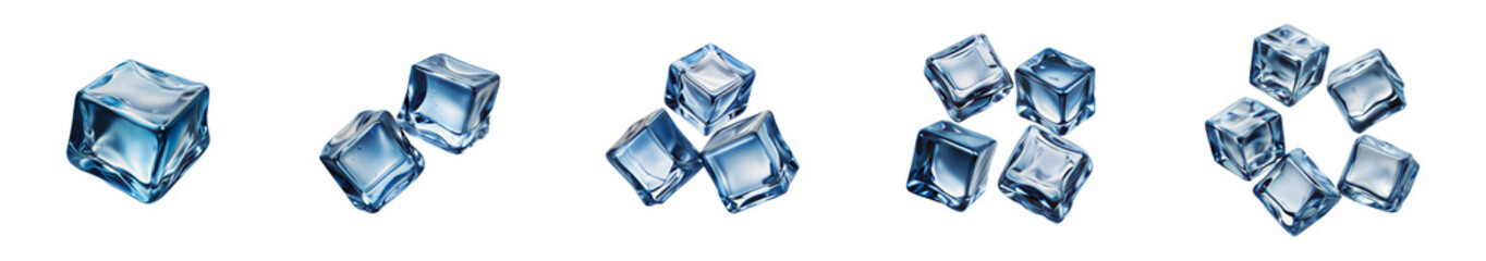 Multiple arrangements of clear ice cubes, showcasing their crystalline transparency and cool appearance - isolated transparent png