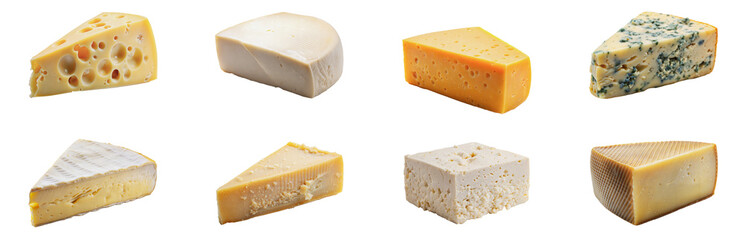 Collection of different cheese varieties including Swiss, Gouda, Cheddar, Blue, Brie, Parmesan, Feta, and Manchego - isolated transparent png