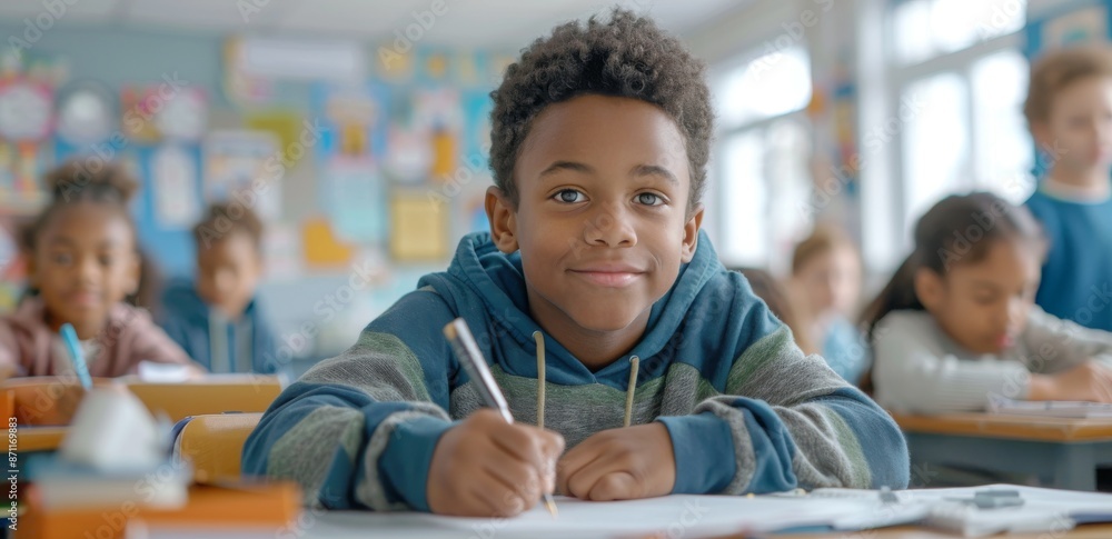 Poster young boy in a classroom writing in his notebook with classmates in the background