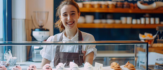 Obraz premium Woman serving ice cream in Confectionery shop.
