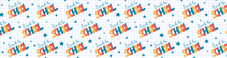 Back to school words web banner. Checkered notepad page vector background. School rectangular horizontal colorful banner. Cute funny educational design