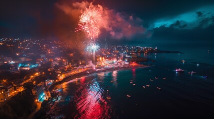 A drone's-eye view capturing the entire coastline illuminated by a seaside fireworks show