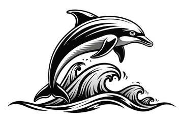 Graceful Dolphin Over Wave Engraving | Vector Illustration 🐬🌊