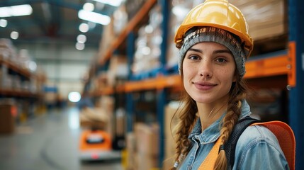 A female warehouse worker, wearing a hard hat and safety gear, smiles while standing in an organized warehouse, surrounded by neatly stacked shelves.