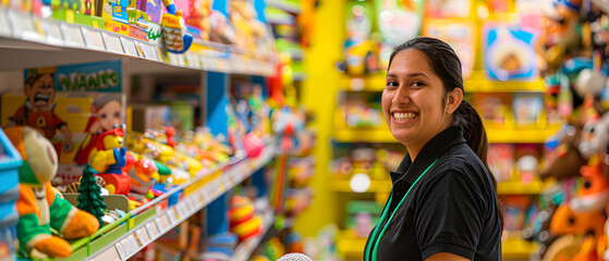 Toy store employee surrounded by colorful toys. Toy seller.