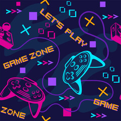 Gamepad pattern. Game joystick seamless wallpaper, retro gaming slogan typography fabric print, gamer guy video games trends, controller cartoon background neat illustration © ssstocker