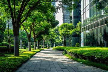 Commercial Garden. Modern Architectural Office Area with Park and Green Spaces